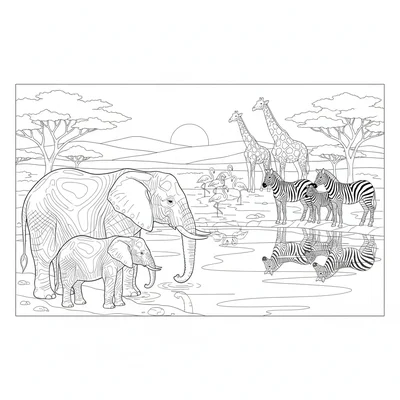 An African savanna watering hole scene at dusk with an elephant family drinking coloring page