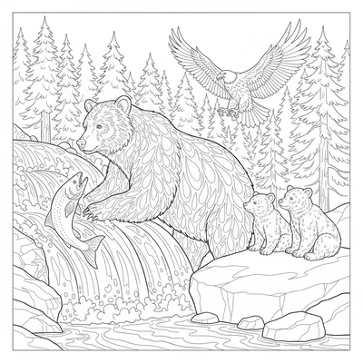 An Alaskan brown bear family salmon fishing scene with a large female bear coloring page