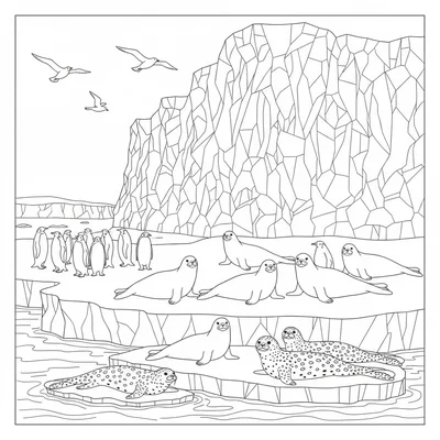 An Antarctic ice shelf scene with a colony of emperor penguins on the ice coloring page