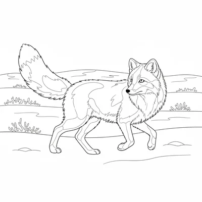 An Arctic fox trotting through a tundra landscape, its thick white winter coat coloring page