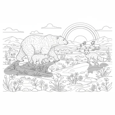 An Arctic tundra scene in summer with a polar bear and two cubs walking across coloring page