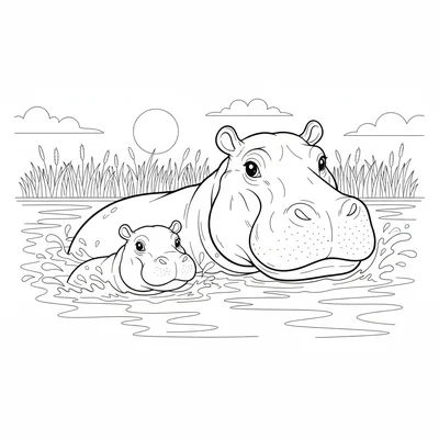 A baby hippo swimming beside its mother in a wide African river, the baby's coloring page