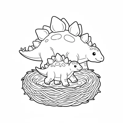 A baby Stegosaurus taking its first wobbly steps out of a nest, tiny rounded pl… coloring page