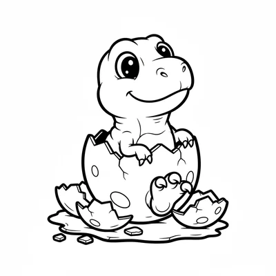 A baby T-Rex breaking out of a large cracked egg, one foot sticking out, shell… coloring page