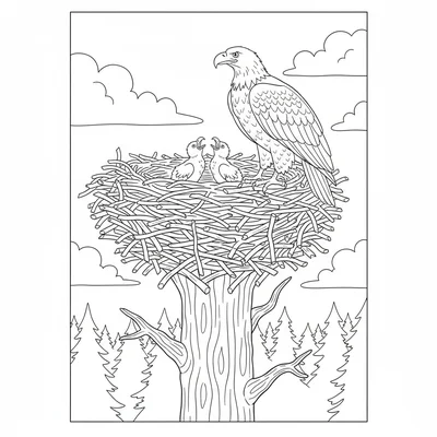 A bald eagle nest on top of a tall dead tree, the enormous stick nest wide coloring page