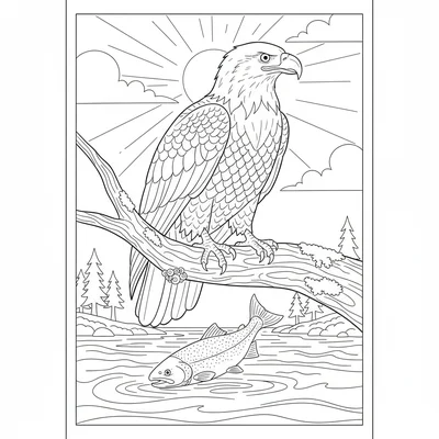 A bald eagle perched on a mossy branch above a river, its white head and yellow coloring page