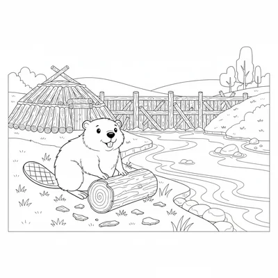 A beaver on the bank of a calm stream beside its lodge, a gnawed log in front coloring page