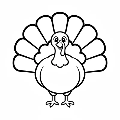 A big brown turkey facing forward with its fan tail fully spread in a wide coloring page