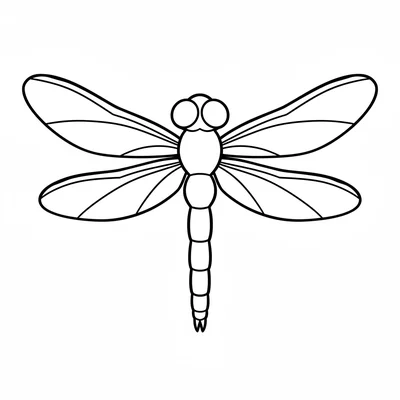 A big colorful dragonfly facing the viewer from above, its long thin oval body coloring page