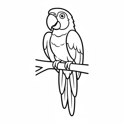 A big colorful macaw facing forward perched on a thick branch, its wide spread coloring page
