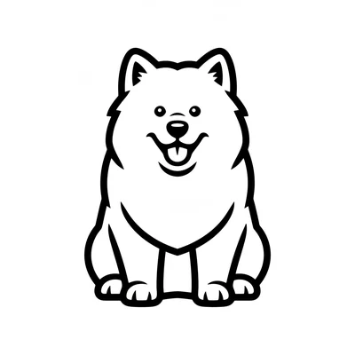 A big fluffy samoyed dog sitting upright facing forward, its all-white fluffy coloring page