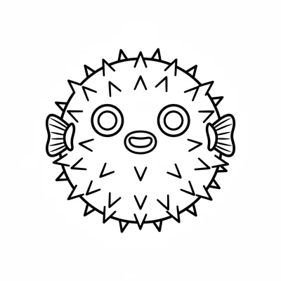 A big puffer fish facing the viewer, its body fully inflated into a round spiky coloring page
