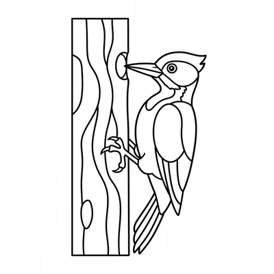 A big woodpecker clinging to the side of a tree trunk, its strong curved claws coloring page