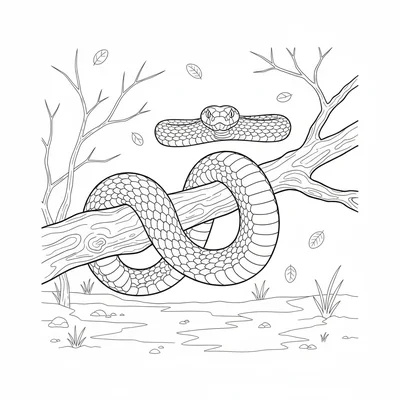 A black mamba snake draped elegantly over a long low branch in a dry African coloring page
