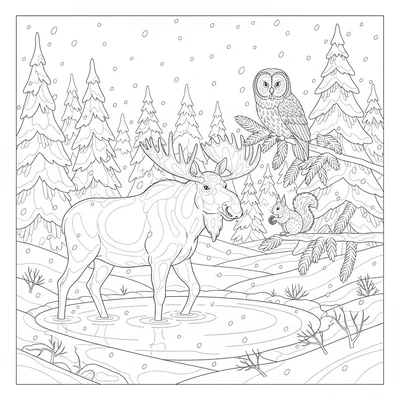 A boreal taiga forest scene in early winter with a moose coloring page