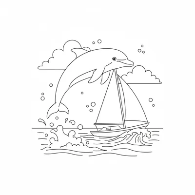 A bottlenose dolphin leaping beside a sailing boat, its arc taking it above coloring page