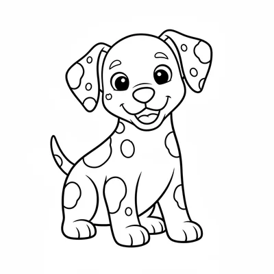 A bouncy dalmatian puppy facing forward, its white body with four or five large coloring page