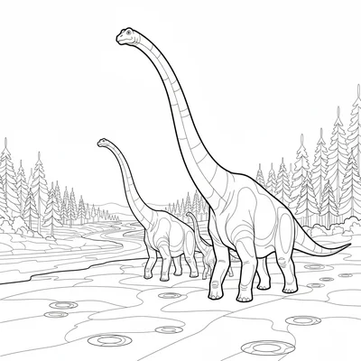A Brachiosaurus herd of two adults and one juvenile crossing a broad floodplain… coloring page