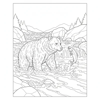A brown bear standing in a rushing mountain stream, its large body coloring page