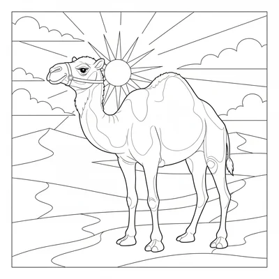 A camel standing in a desert dune landscape at sunset, its two humps clearly coloring page