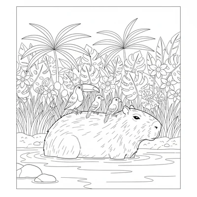 A capybara resting in the shallow bank of a slow tropical river, its large coloring page