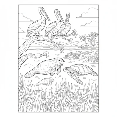 A Caribbean island coast scene with a manatee and her calf visible in the clear coloring page