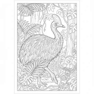 A cassowary in a Queensland rainforest, its large blue and red neck skin coloring page