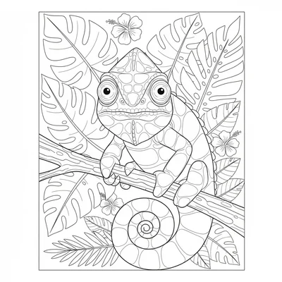 A chameleon gripping a thin tropical branch, its body turned toward the viewer coloring page