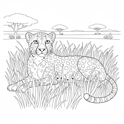 A cheetah resting in tall savanna grass in the mid-afternoon shade, its spotted coloring page