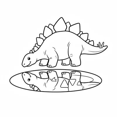 A chunky Stegosaurus drinking from a simple pond, head lowered to the water lin… coloring page
