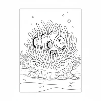 A clownfish swimming among the tentacles of an anemone, its bright orange coloring page
