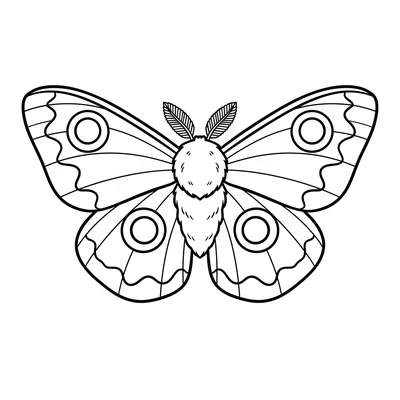 A colorful moth facing the viewer from the front with wings fully spread, its coloring page