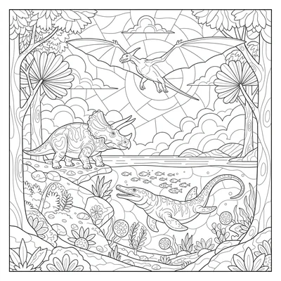 A complete Cretaceous ecosystem cross-section, showing a Triceratops on land be… coloring page