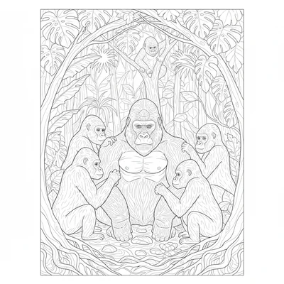A Congo rainforest gorilla family scene with a large silverback male sitting coloring page