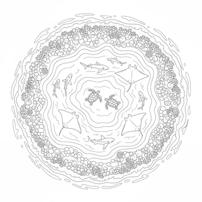 A coral atoll lagoon from above showing the shallow turquoise interior water coloring page
