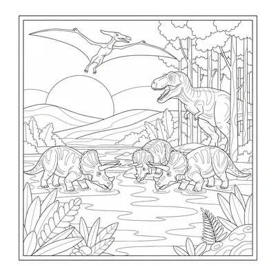 A Cretaceous watering hole at dusk with a T-Rex observing from the tree line on… coloring page