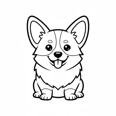 A cute corgi dog sitting upright facing forward, its large round head coloring page