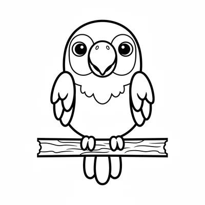 A cute parrot perched on a thick horizontal perch bar, facing forward with its coloring page