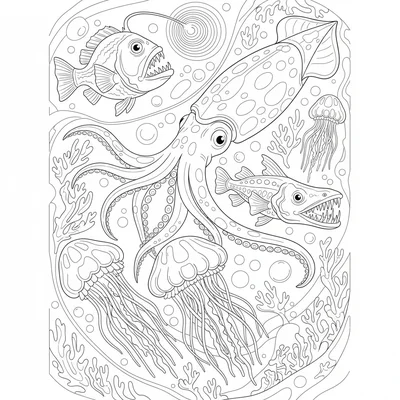 A deep ocean bioluminescent zone scene with an anglerfish in the upper corner coloring page