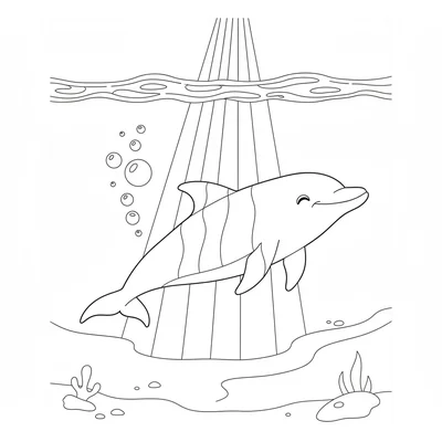 A dolphin swimming just below the ocean surface with a shaft of light coloring page