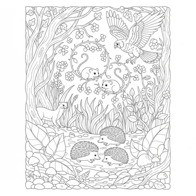 A European hedgerow ecosystem scene with a hedgehog family in the foreground coloring page