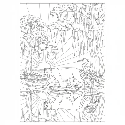 An Everglades scene at sunrise with a Florida panther walking along the water's coloring page