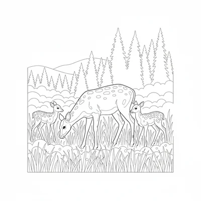 A family of deer in a misty morning forest meadow, a doe and two fawns grazing coloring page