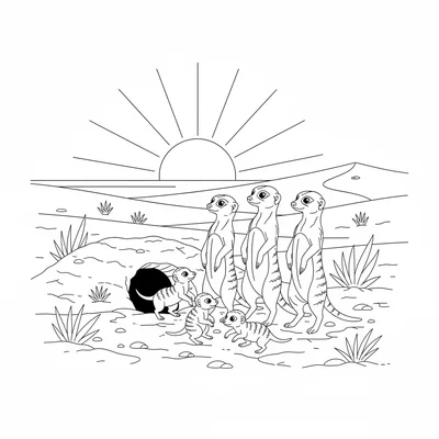 A family of meerkats at their warren entrance at sunset, several standing coloring page