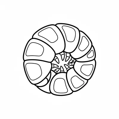 A fat round pill bug curled into a perfect ball, its segmented armor plates coloring page