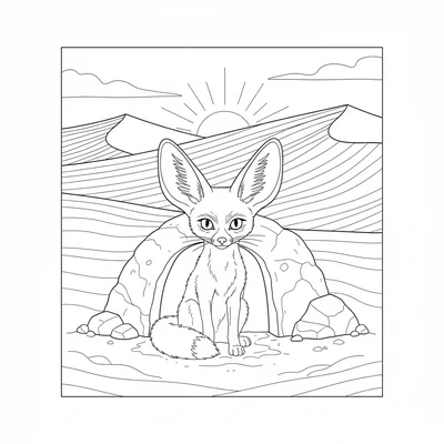 A fennec fox at the entrance of its burrow in the Saharan sand, its enormous coloring page