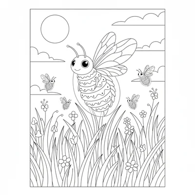 A firefly in a meadow at dusk, its abdomen glowing as it rises from tall grass coloring page