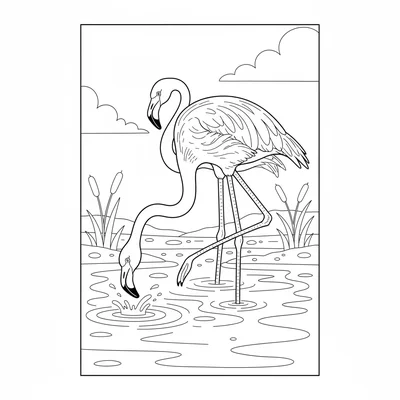 A flamingo standing in shallow water, its long slender pink legs submerged coloring page
