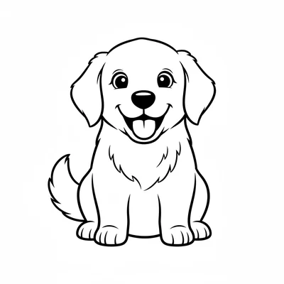 A fluffy golden retriever puppy sitting upright facing forward, its round coloring page