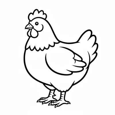 A fluffy white chicken facing left in a three-quarter view, its round plump coloring page